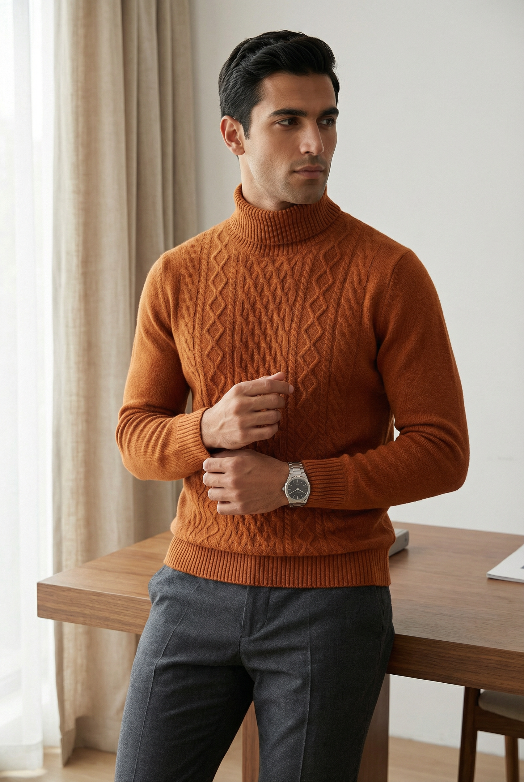 Men's Cable Knit Turtleneck Jumper