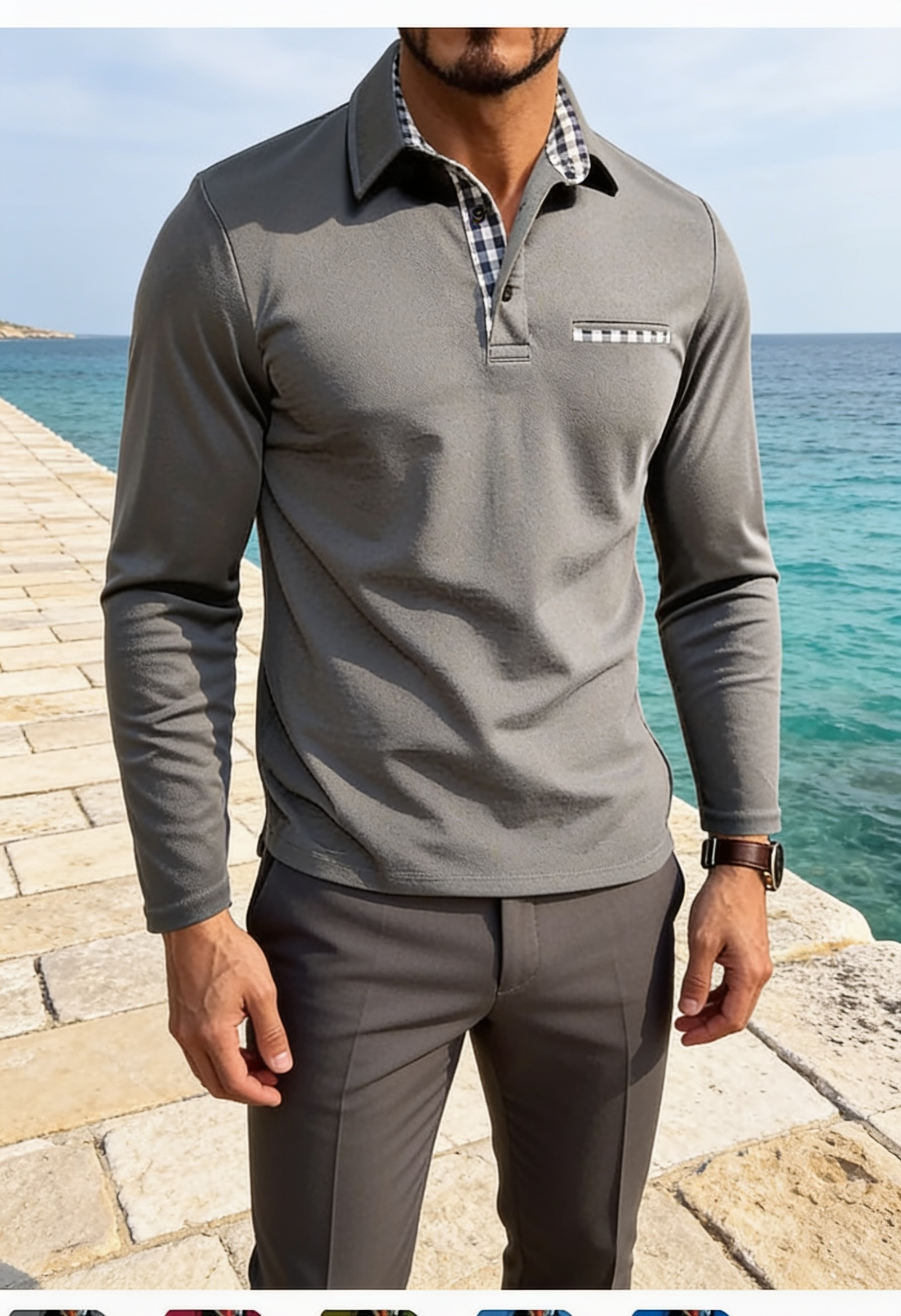 Men's Long Sleeve Polo Shirt – Contrast Collar