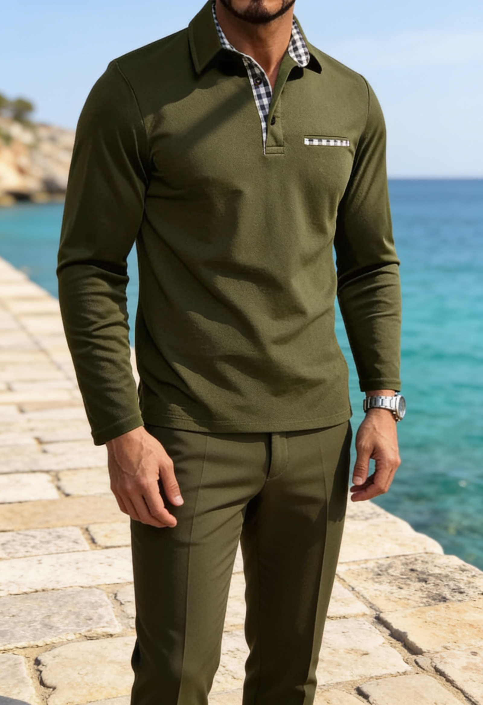 Men's Long Sleeve Polo Shirt – Contrast Collar