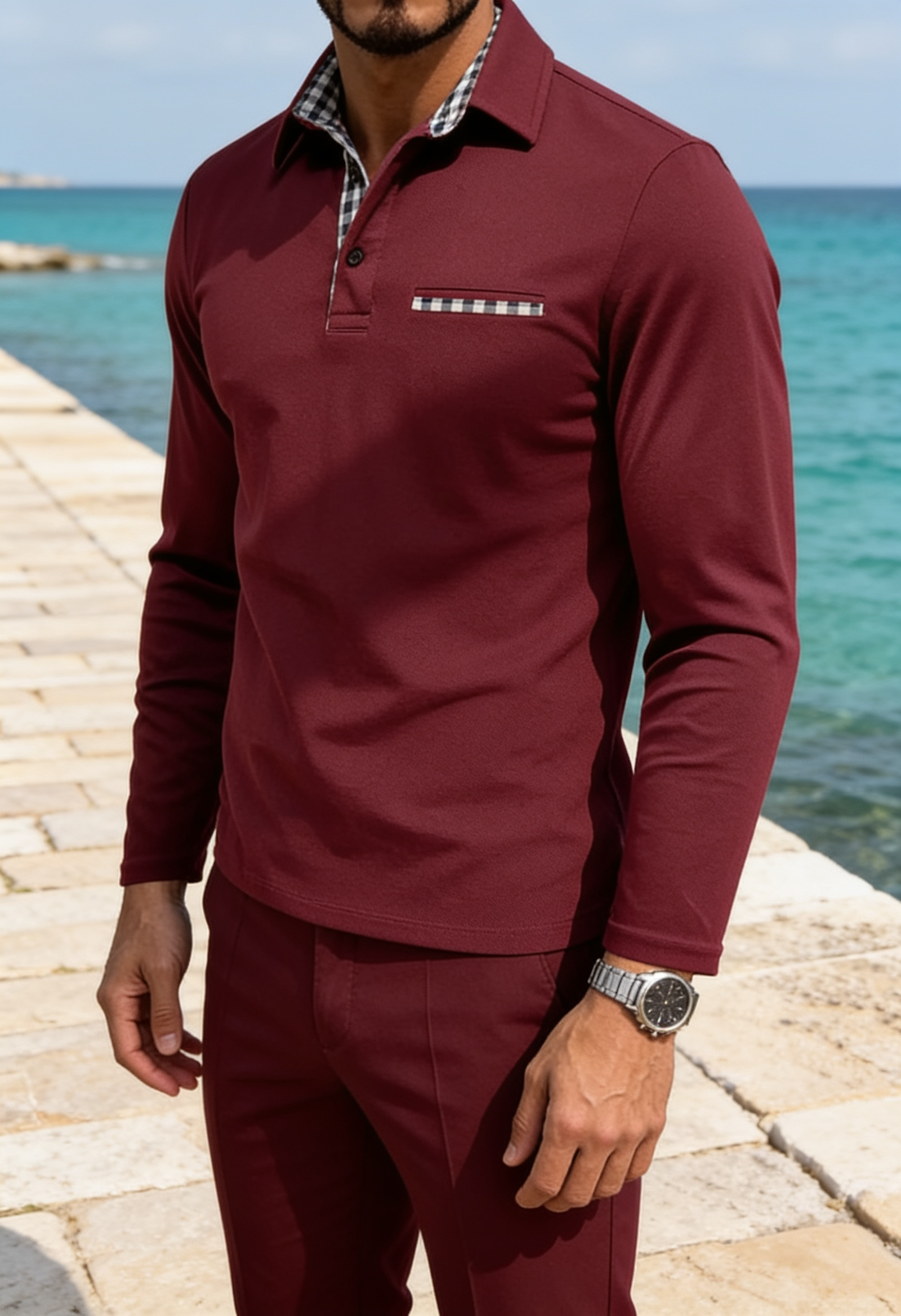 Men's Long Sleeve Polo Shirt – Contrast Collar