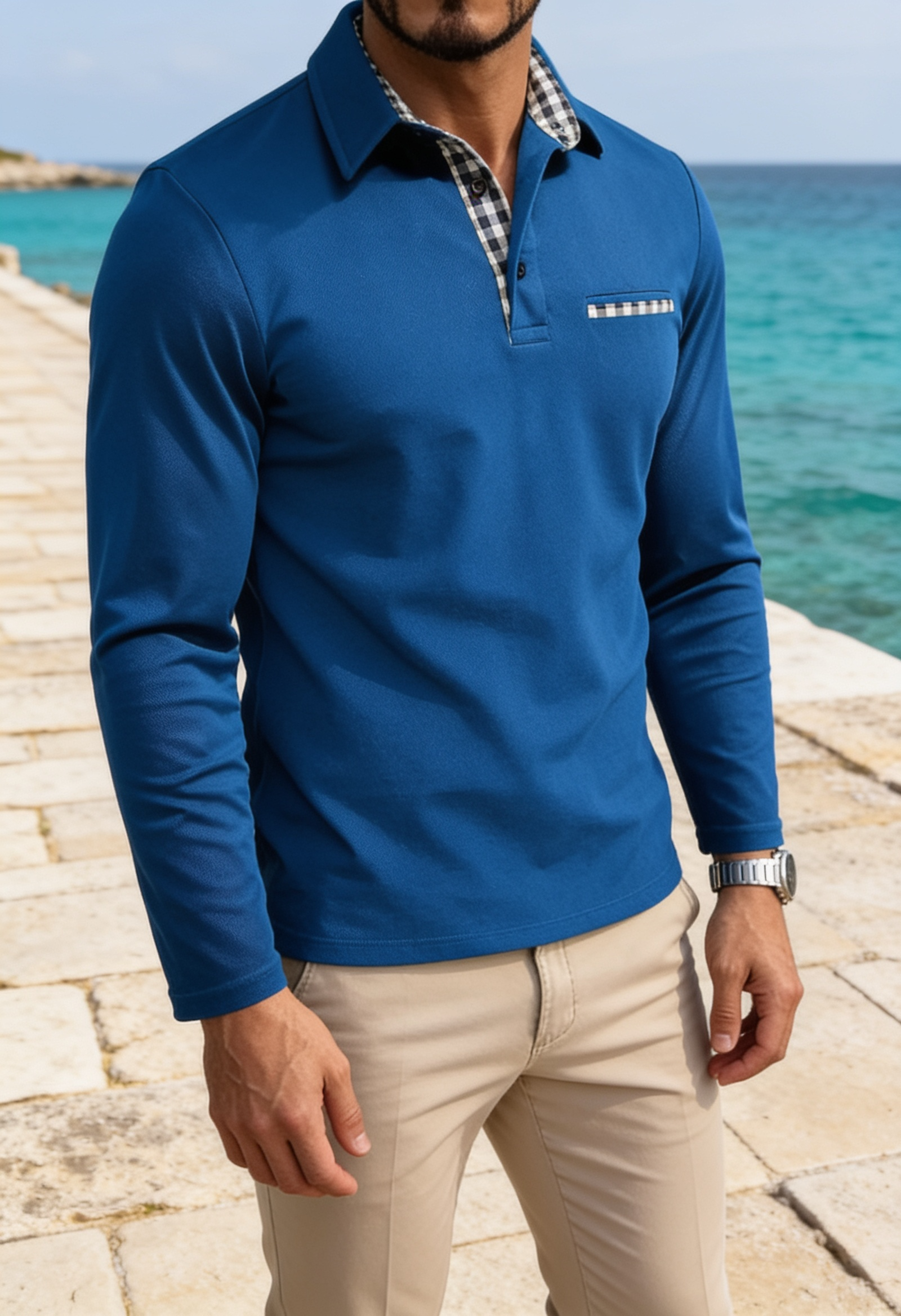 Men's Long Sleeve Polo Shirt – Contrast Collar